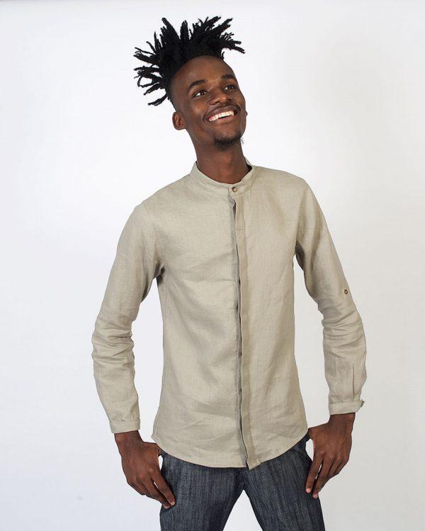 Concealed Stand Linen Shirt - Ash - Front