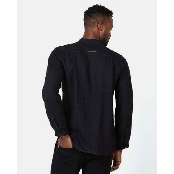 Concealed Stand Linen Shirt - Black - Back