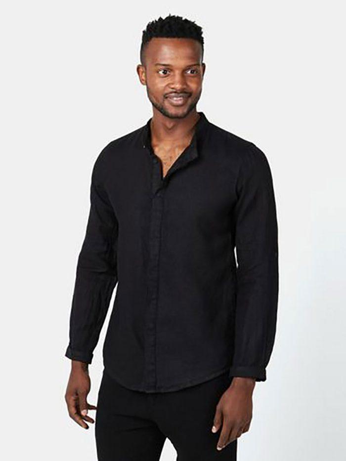 Concealed Stand Linen Shirt - Black - Front