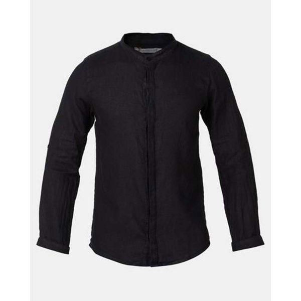 Concealed Stand Linen Shirt - Black - Front detail