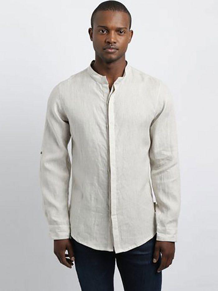 Concealed Stand Linen Shirt - Nat - Front