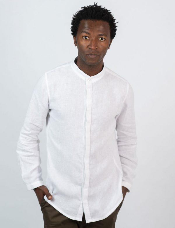 Concealed Stand Linen Shirt - White - Front