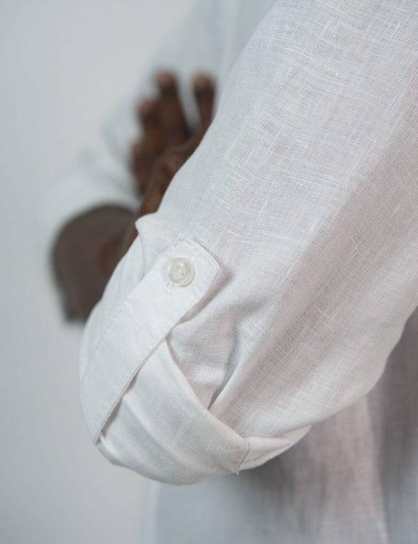 Concealed Stand Linen Shirt - White - Side detail