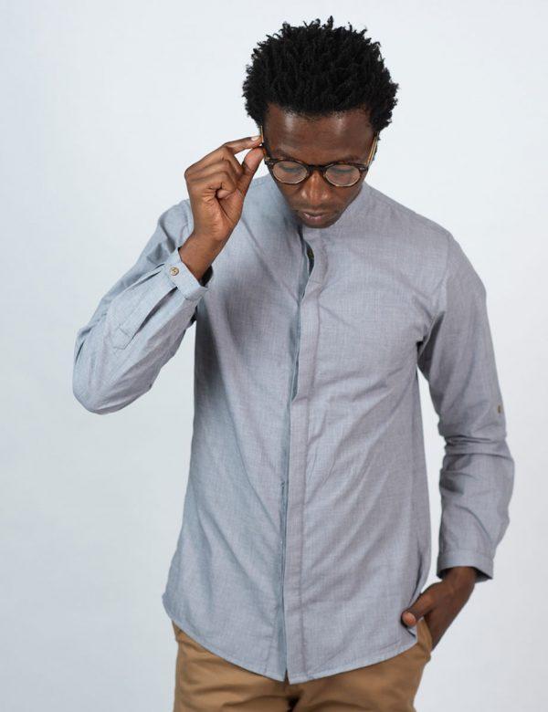 Concealed Stand Cotton Shirt - Grey Denim - Front