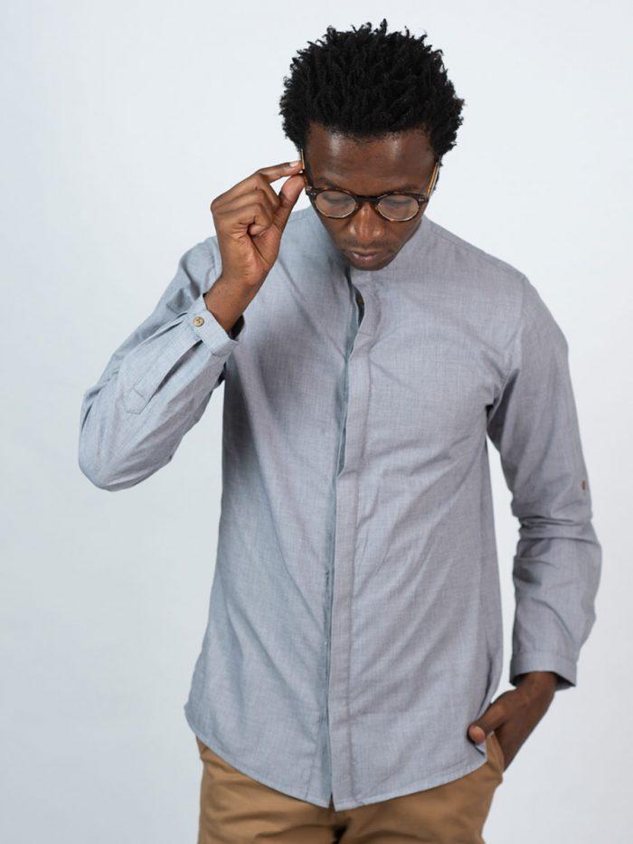 Concealed Stand Cotton Shirt - Grey Denim - Front