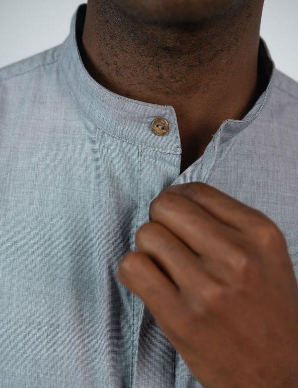 Concealed Stand Cotton Shirt - Grey Denim - Front detail