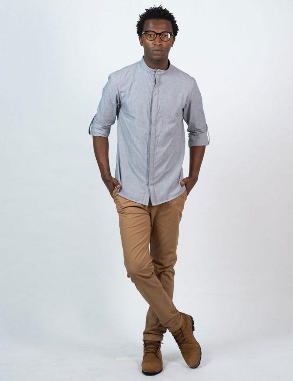 Concealed Stand Cotton Shirt - Grey Denim - Lifestyle shot