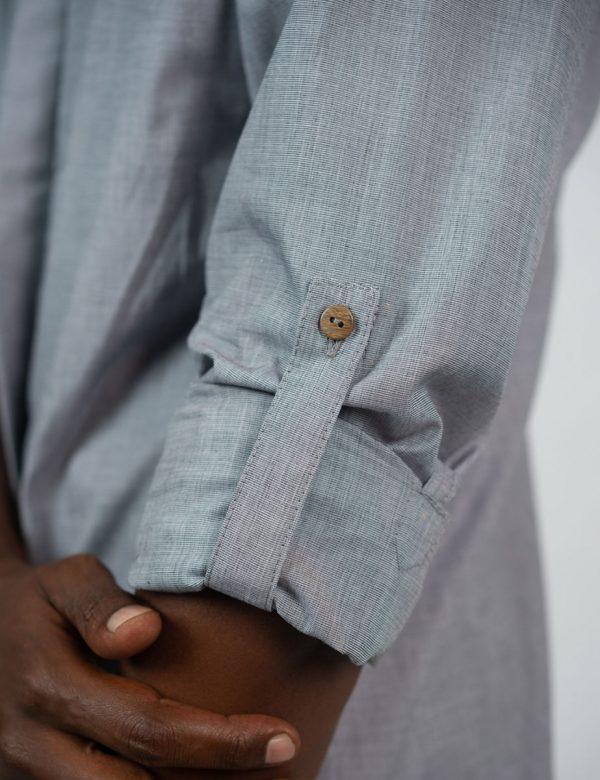 Concealed Stand Cotton Shirt - Grey Denim - Sleeve detail