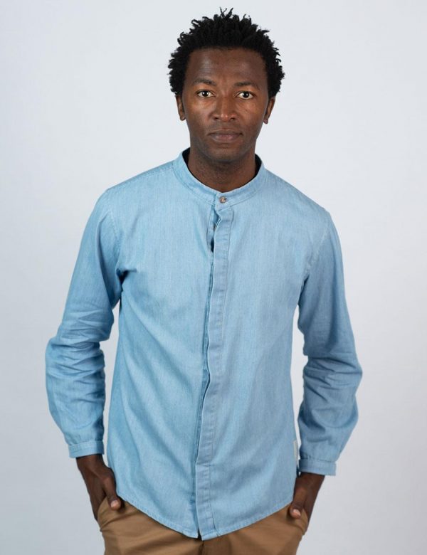 Concealed Stand Cotton Shirt - Washed Denim - Front