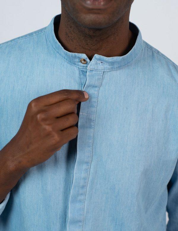 Concealed Stand Cotton Shirt - Washed Denim - Front detail 1