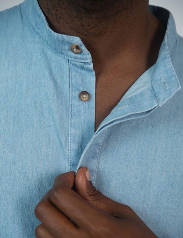 Concealed Stand Cotton Shirt - Washed Denim - Front detail 2