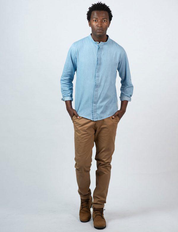 Concealed Stand Cotton Shirt - Washed Denim - Lifestyle shot