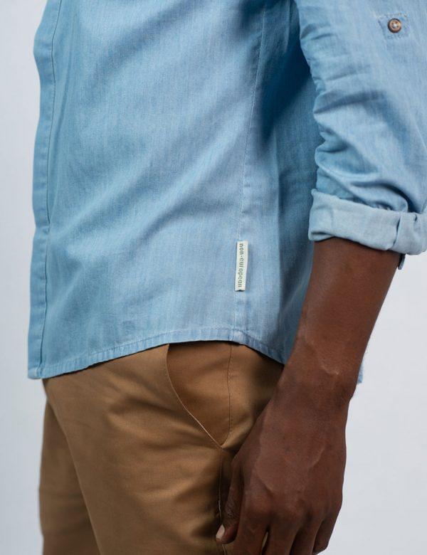 Concealed Stand Cotton Shirt - Washed Denim - Side detail