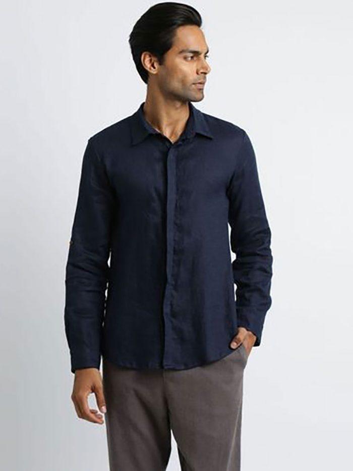 Formal Linen Shirt - Navy - Front
