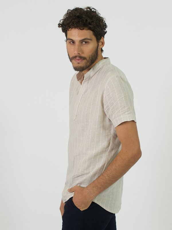 Mandarin Shirt - Natural Stripe - Side