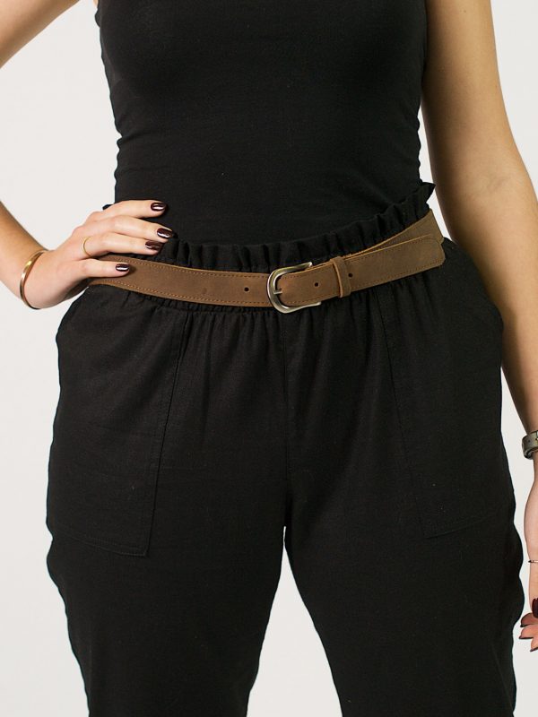 Elongated Ladies Leisure Trouser Paper Bag Waist - Black - Belt