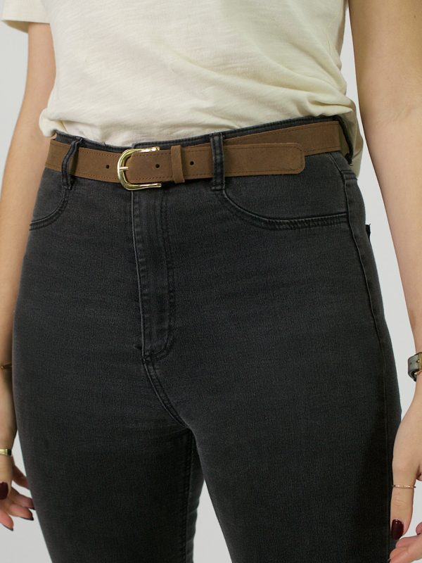Narrow Leather Belt ~ Vintage Brown & Gold - Front 1