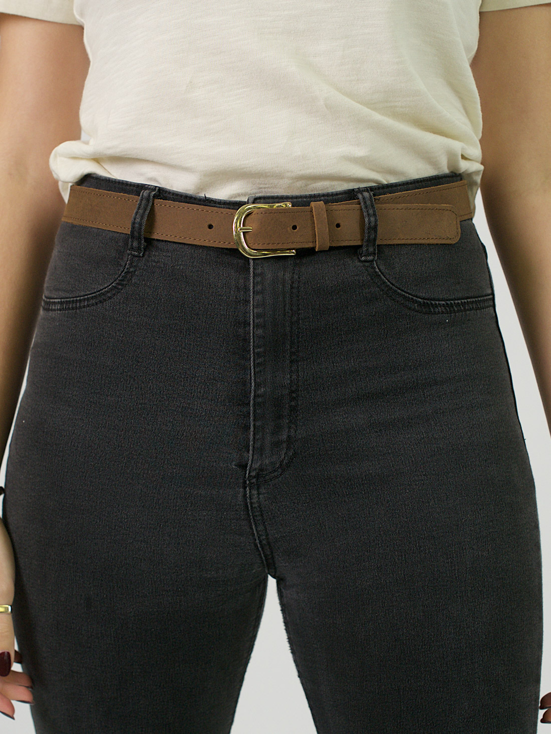 LUX Narrow Leather Belt ~ Vintage Brown + Gold - non-european® 2024