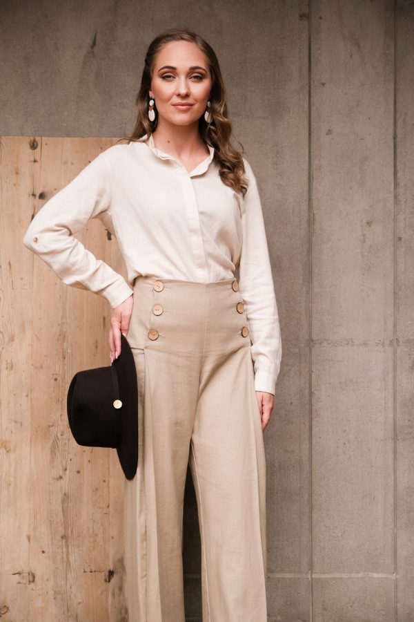 Pleated Linen Trouser ~ Latte - Front 2