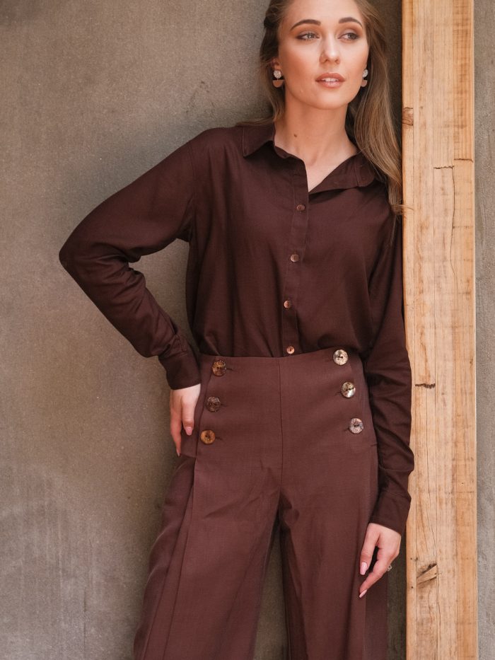 Pleated Rayon Trouser ~ Dark Brown - Front