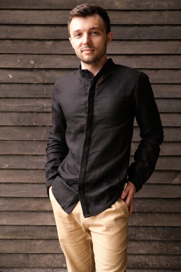 Concealed Stand Linen Shirt ~ Black - Front 1