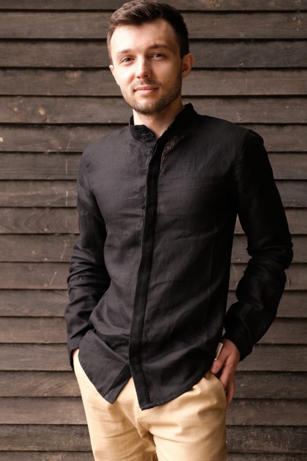 Concealed Stand Linen Shirt ~ Black - Front 2