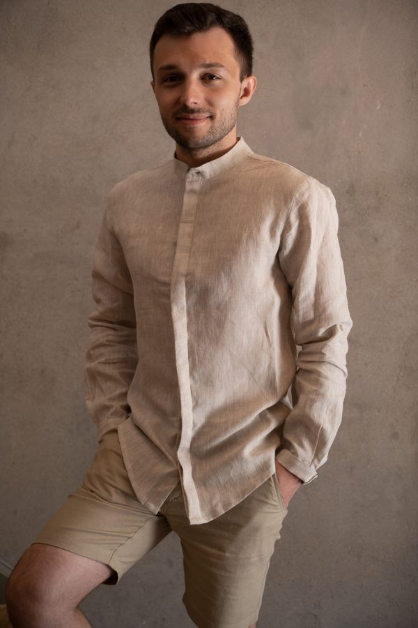 Concealed Stand Linen Shirt ~ Natural - Front 1