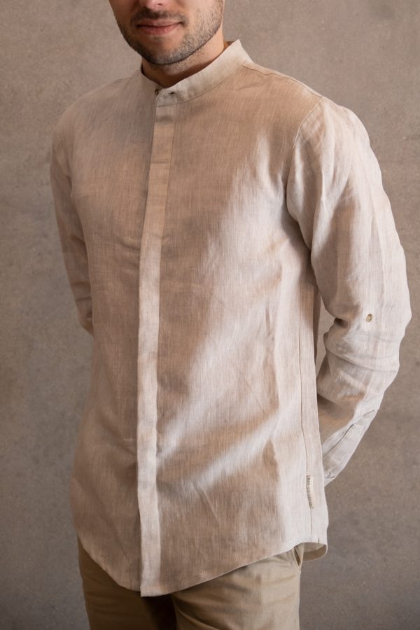 Concealed Stand Linen Shirt ~ Natural - Lifestyle Shot 2